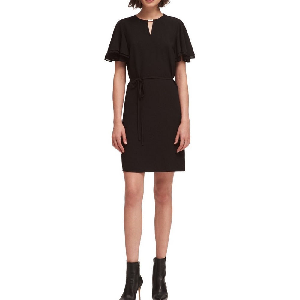 NWT DKNY flutter-sleeve, tie-waist black dress